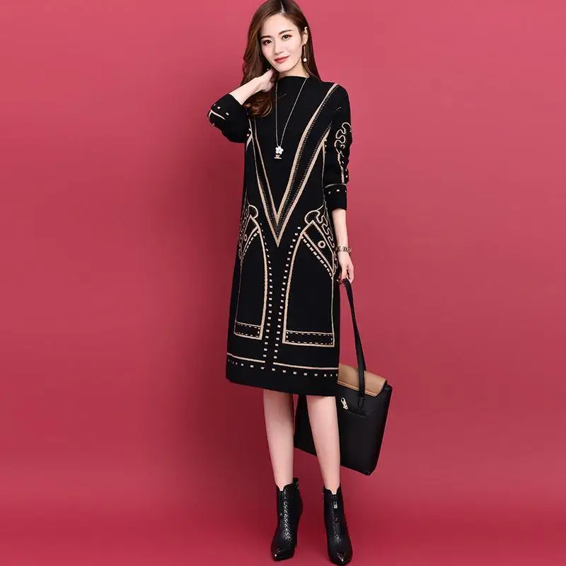 

European New Loose Winter Pattern Knitted Print Dress Mid-length Straight Sweater Dress Large Size Over The Knee
