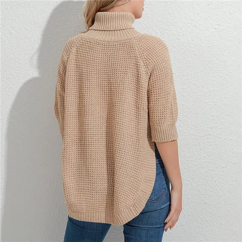 

Waist Split New Women Sweater Autumn Knitted Solid Color Half Sleeves Turtleneck Sweater Fashion Winter Ladies Sweaters