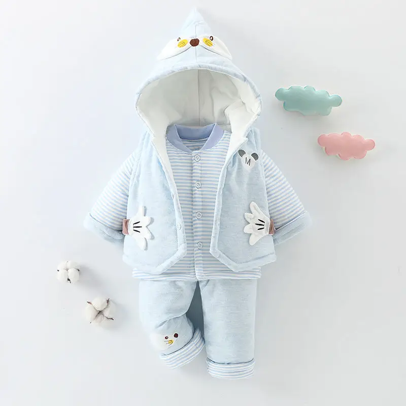 

Autumn Winter Thick Warm 3-pc Cotton-padded Clothes Korean Style Baby Hooded Coat Boy Girl Outing Soft Cotton Vest Top Pant Suit