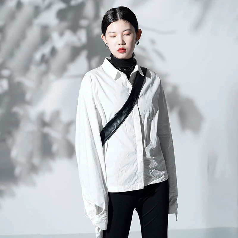 

SHENGPALAE Personality Drawstring Blouse Women's Summer 2021 Lapel Large Size Single Breasted Long Sleeve Shirt Female Fashion