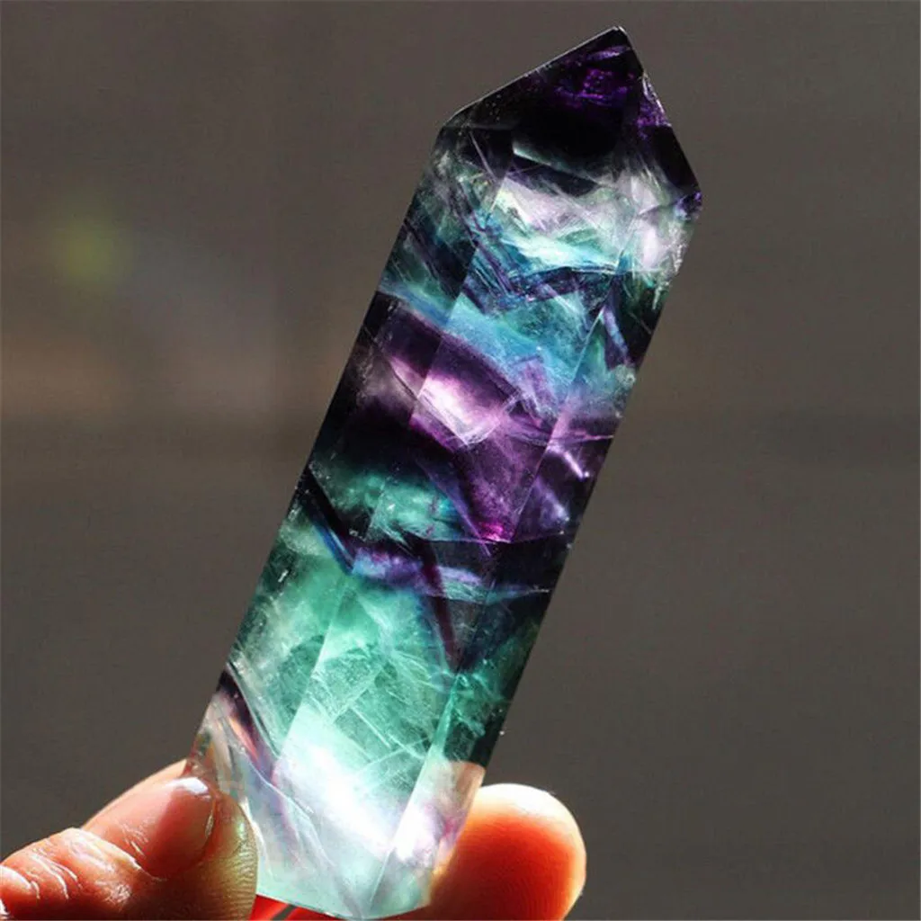 

Natural Rainbow Fluorite Quartz Crystal Hexagonal Wand Healing Crystal Stone Purple Green Gem For Feng Shui Decor Home Office