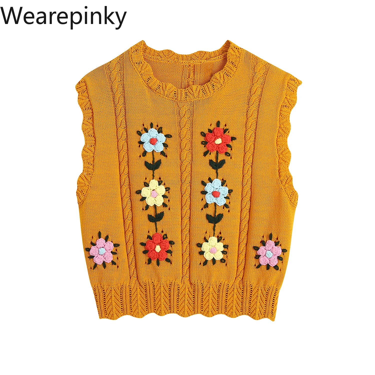 

Autumn Sweaters for Women 2021 Sleeveless Flower Embroidery Knit Pullover Sweater Woman High Street Crop Sweater Vest