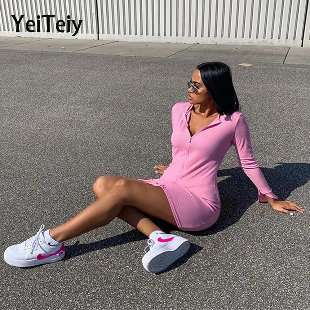 

Осеннее женское платье Yeiteiy с круглым вырезом и длинным рукавом на молнии