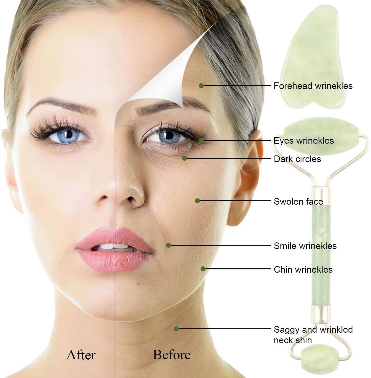 Ролик для массажа лица Натуральный Нефритовый камень Guasha скребок доски Набор