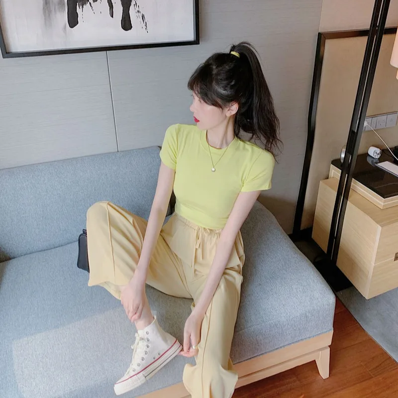 Корейский Chic все-матч облегающий Топ Однотонная одежда для похудения желтый