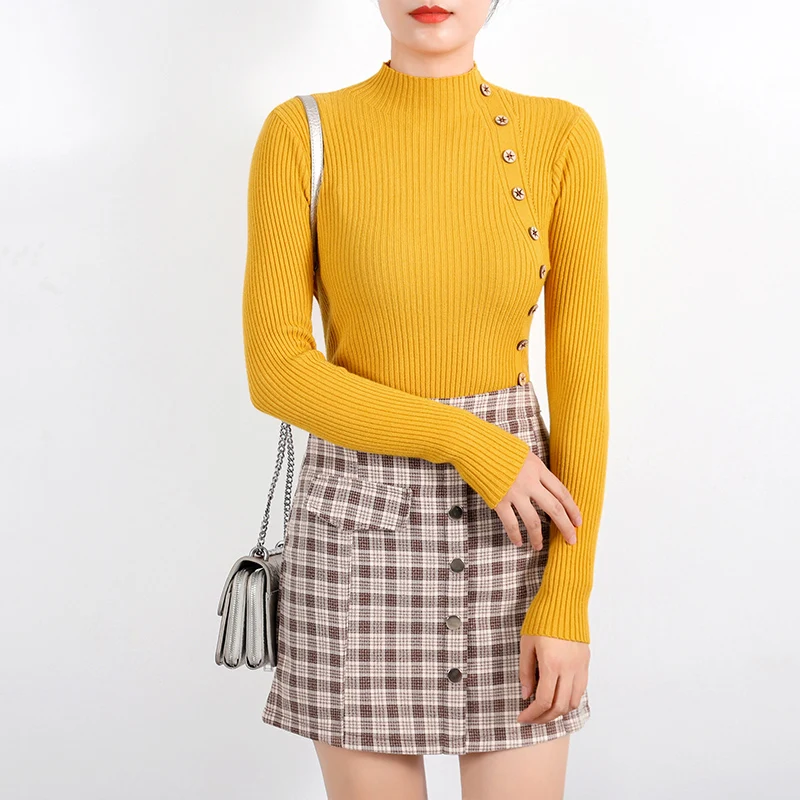 Autumn O-neck Sexy Slim Sweater Botton Desgin Knitted Pullover Women Casual Vintage Sweater Colthing Female Knit Tops