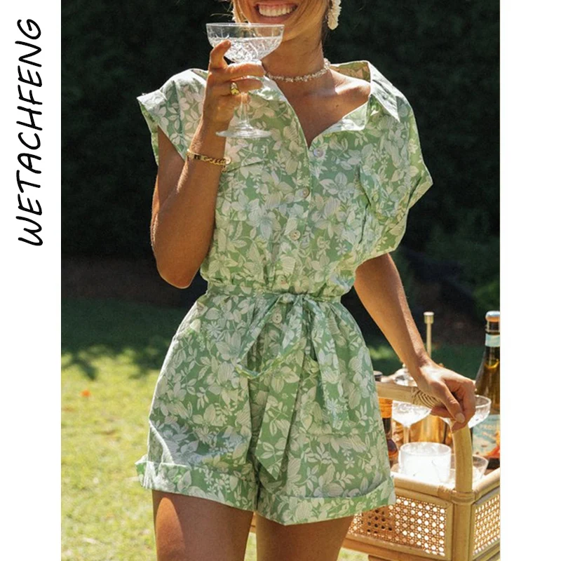 

Модный комбинезон с цветочным принтом, шорты, летние повседневные зеленые комбинезоны с коротким рукавом, комбинезоны Oufits 2021, комбинезоны, ...