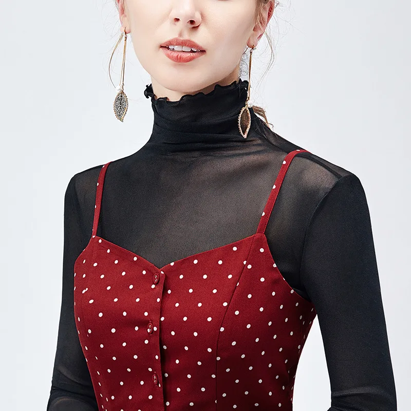 

Ear edge high collar bottom shirt women's thin autumn and winter with long sleeve T-shirt perspective sexy mesh top
