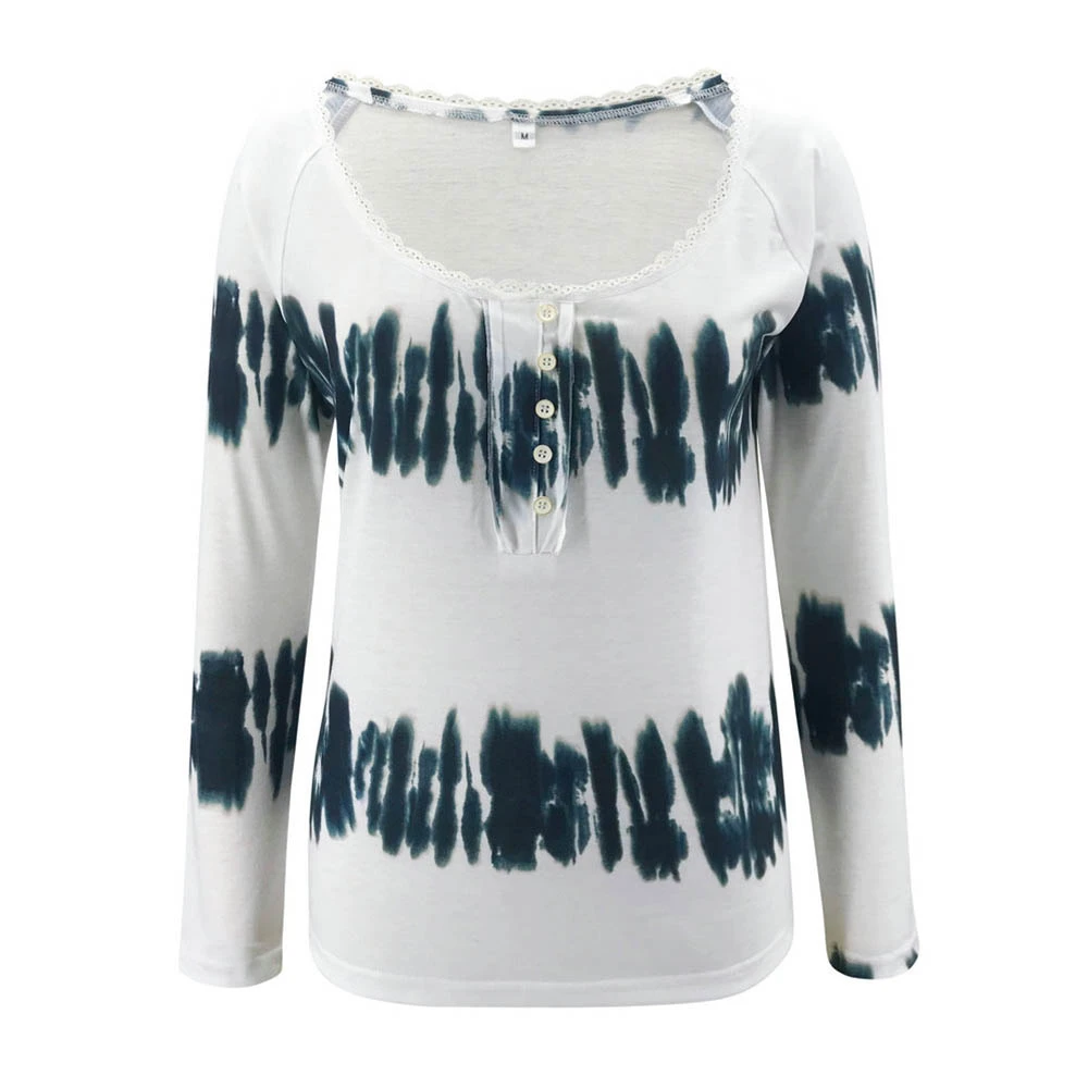 

Woman Tshirts O-Neck Collar Long Sleeve Tie Dye Striped Top Single Breasted Button Lace Trim T Shirt Casual Pullover Streetwear