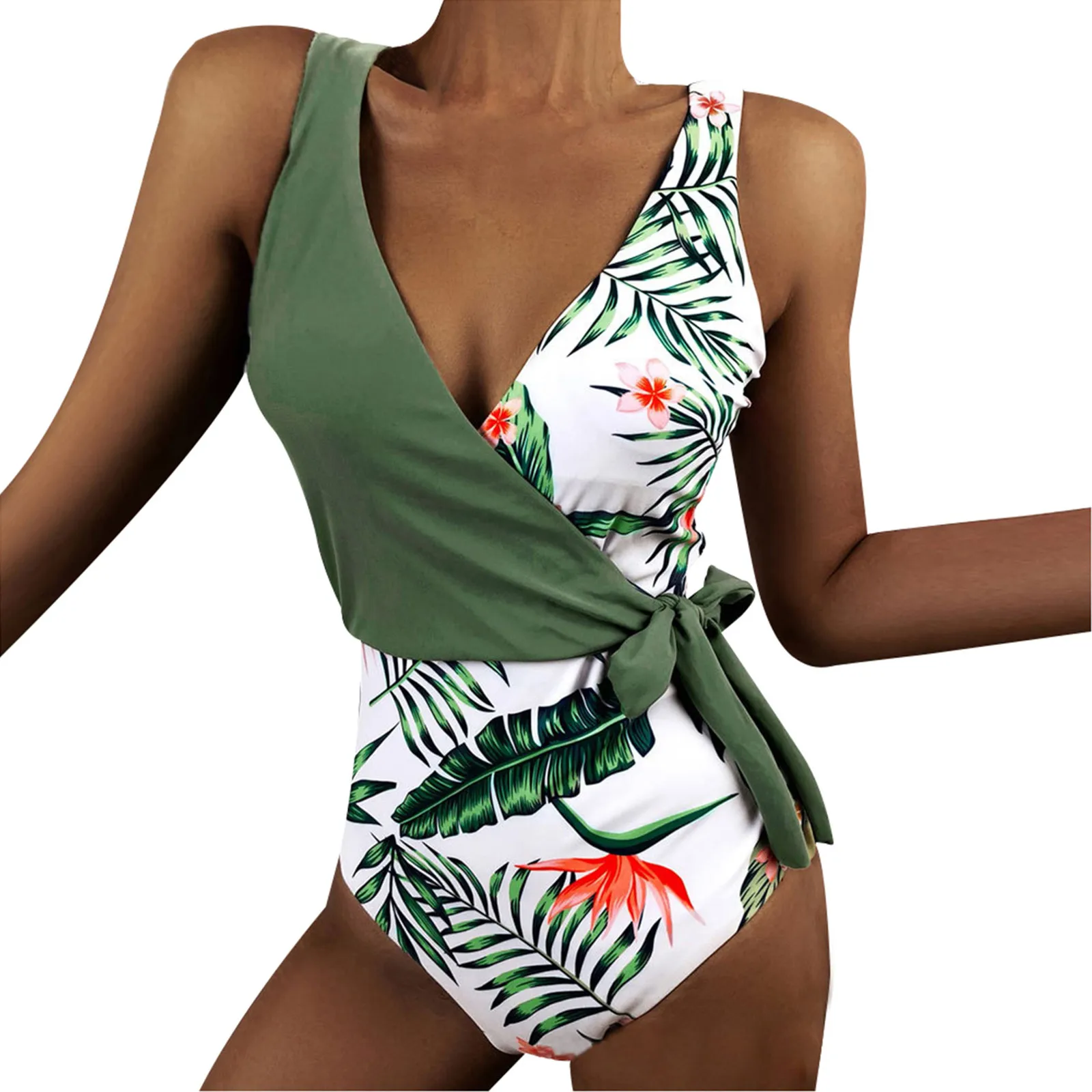 

Floral Print Deep V-neck Halter One-Piece Swimsuit Sexy Backless Lace Up Women Monokini 2021 Beach Bathing Suits Swimwear