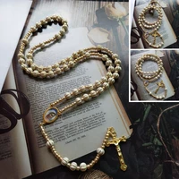 vintage jesus religious women gift wedding round bead long cross pendant gold acrylic rosary necklace jewelry accessories