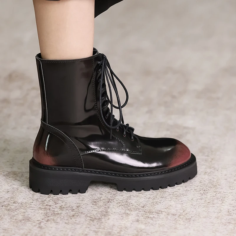 Harga Ukuran 34-40 Kulit Asli Wanita Musim Gugur Boots Wanita Chunky Hak Square Paten But Kulit Baru Kedatangan