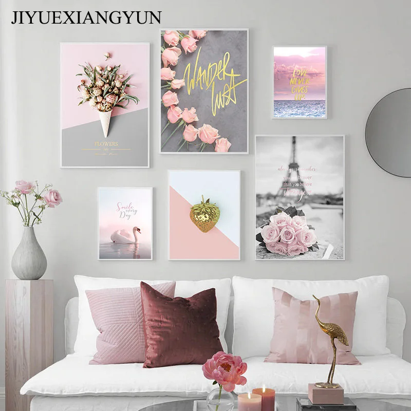 

Pink Flower Sweet Tube Cup Swan Wall Art Canvas Painting Nordic Posters And Prints Plant Wall Pictures For Living Room Decor