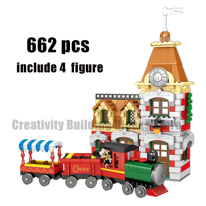 

new Disney 662PCS Small Building Blocks Toys Train Station Mickey Minnie Duck model blocks for girls boy toy Christmas gift