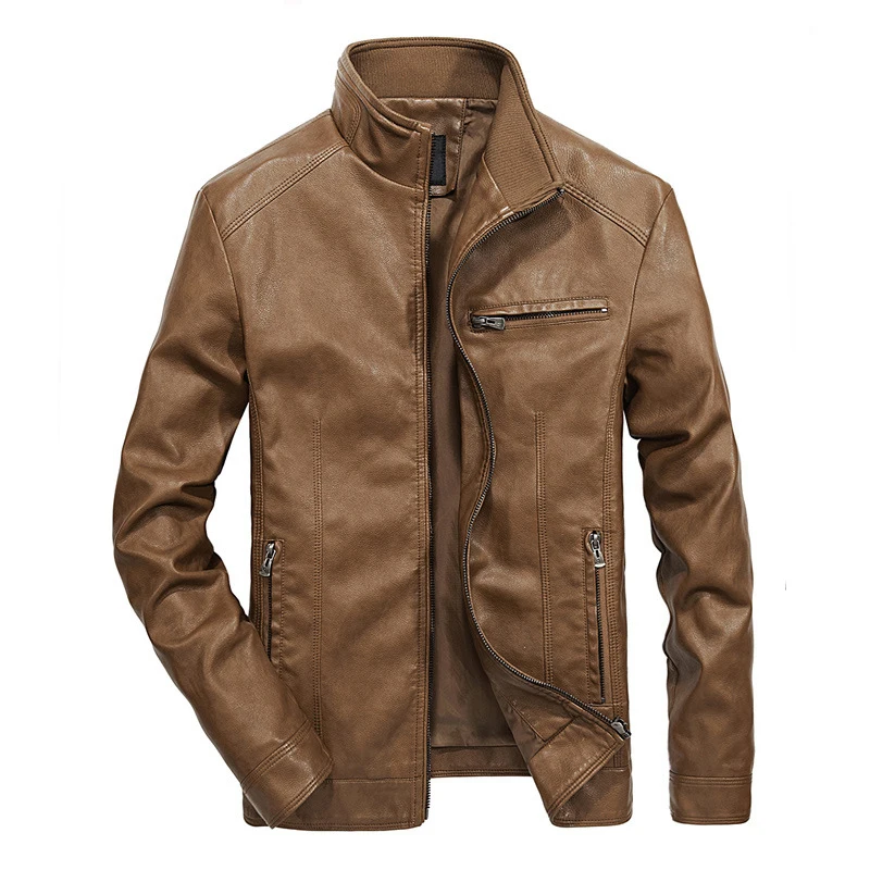 Новинка 2021, мужские кожаные куртки, пальто из искусственной кожи с воротником-стойкой, модная мужская мотоциклетная кожаная куртка, повседн... от AliExpress RU&CIS NEW