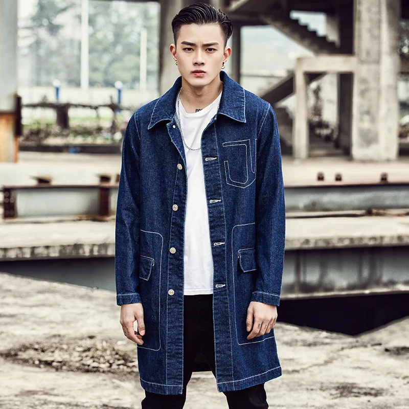 

Повседневная мужская Длинная ветровка размера плюс 5XL, Модный корейский Свободный однобортный джинсовый Тренч с отложным воротником, уличн...
