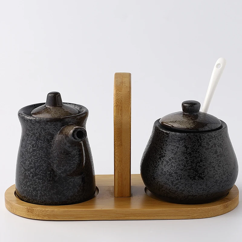 Японский ретро керамический набор банок для приправ с деревянным подносом