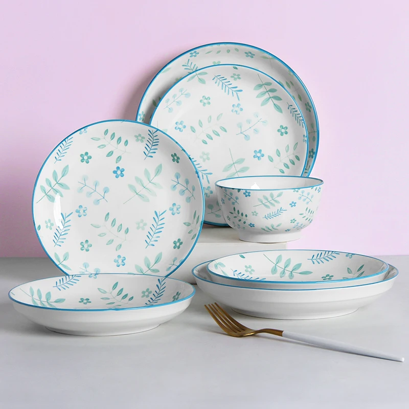 

Фарфоровые обеденные тарелки с цветами, синие современные круглые домашние обеденные тарелки, модная кухонная посуда для завтрака Vajilla complea...