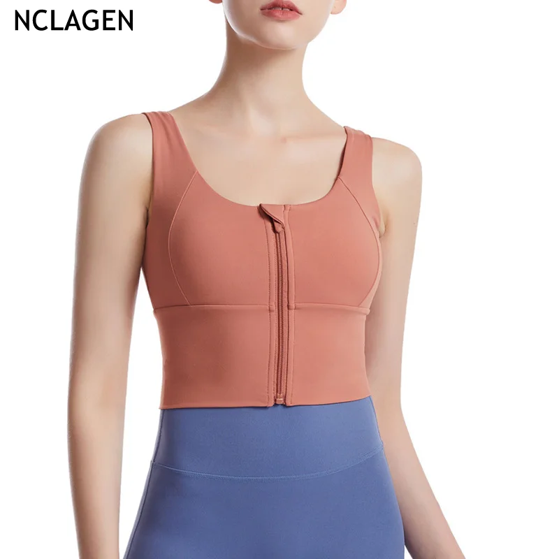 

NCLAGEN Sports Bra Women Padded High Impact Double-sided Yoga Crop Top Push-up Zipper Vest Professional Fitness Gym Tank Top