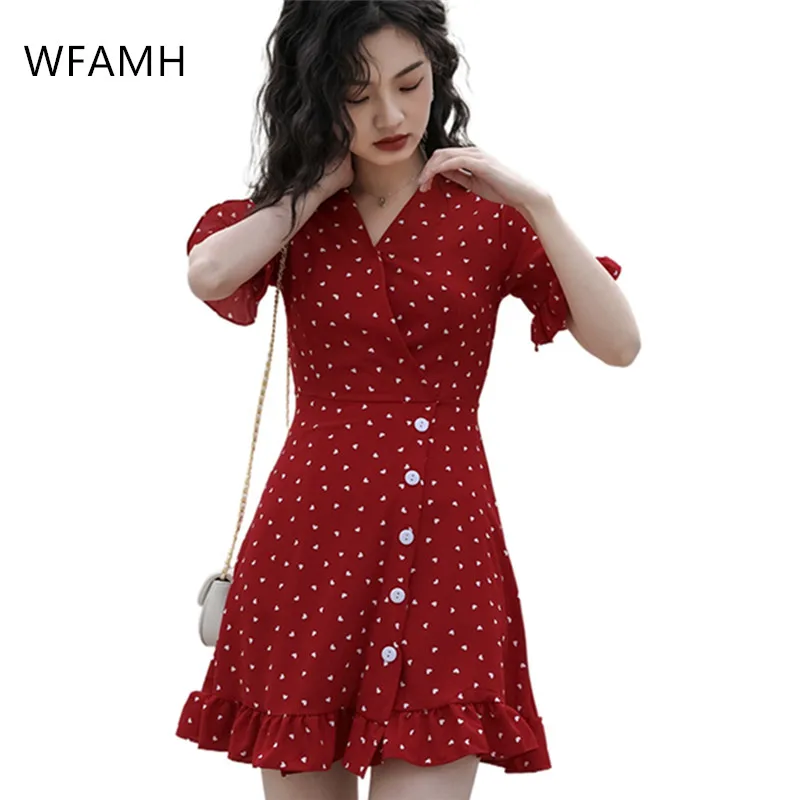 

2021 Summer New Product Fashion Red French V-neck High Waist Lace Skirt Design Pattern Button Dress Female Polyester A-LINE