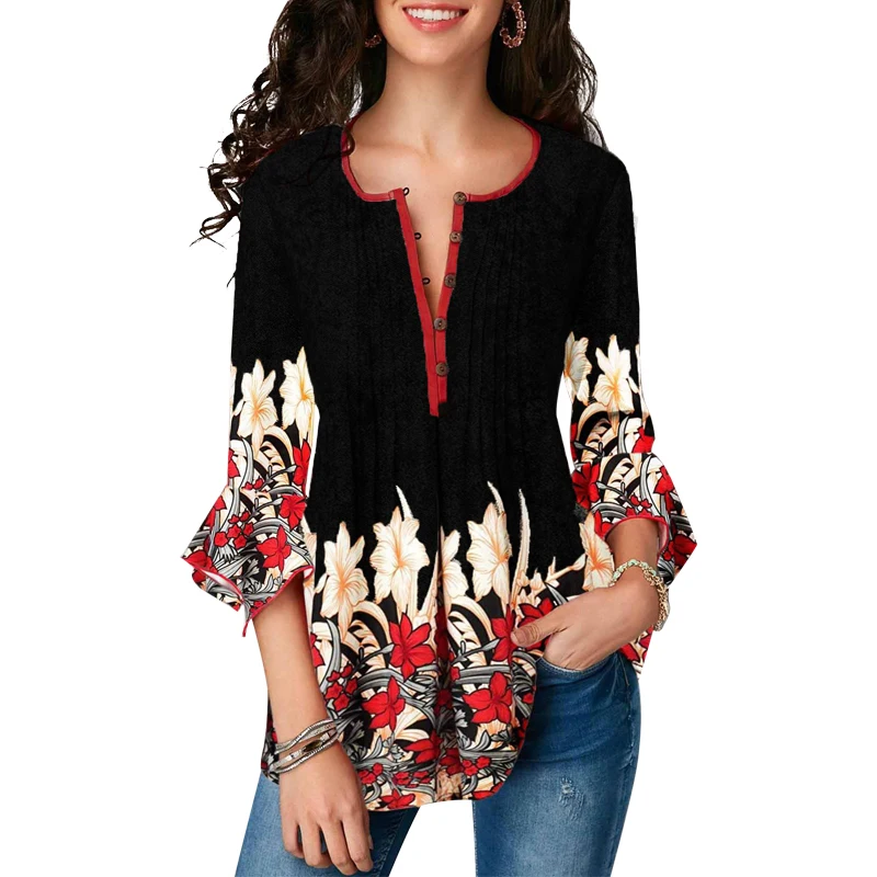 

Summer Fashion New Blouse Women 3/4 Sleeve O-neck Floral Print Female Pullover Casual Loose Plus Size Tops And Blouses