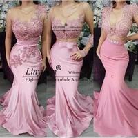 sexy pink sheer neck illusion mermaid prom dresses lace beaded sashes sheer back with zipper long train plus size evening dress