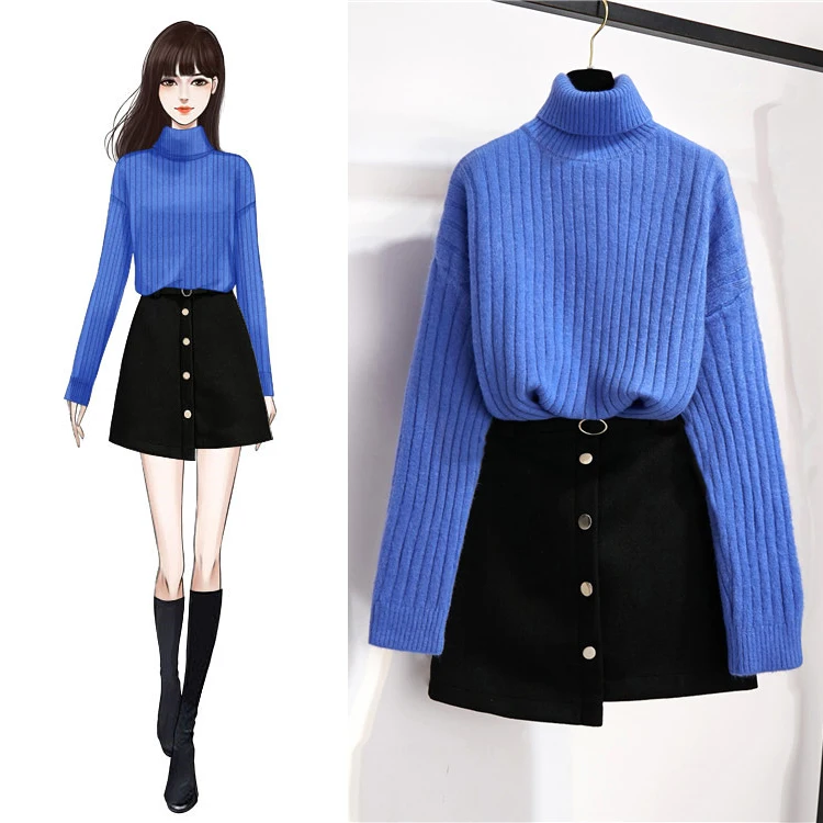 Новинка зимние комплекты свободный свитер с высоким воротником длинным рукавом