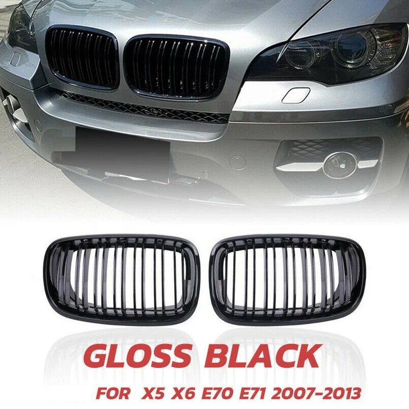 

X5 X6 Grill, Front Kidney Double Line Grille for 2007-2013-BMW X5 E70 X6 E71 (ABS Gloss Black Grill, 2-Pc Set)