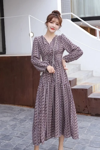

2020 Spring Korean V-neck Long Sleeve Vintage Dress Floral High Waist Runway Dresses Print Ladies Clothing Boho Dress