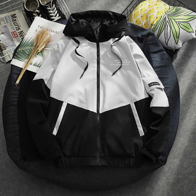 

Mens Hooded Jacket Men 2021 Spring New Patchwork Windbreaker Jackets Black Coats Hoodie Street Fashion Loose Jacket For Men