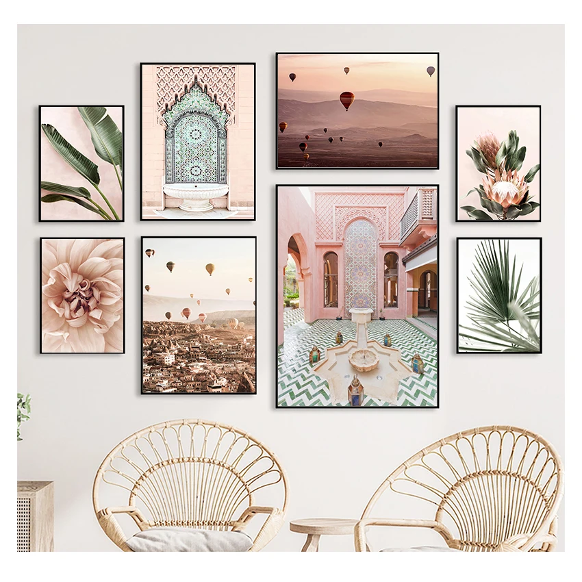

Leaves Canvas Art Print Morocco Door Modern Wall Art Pictures for Living Room Decor Pink Style Flower Poster Green