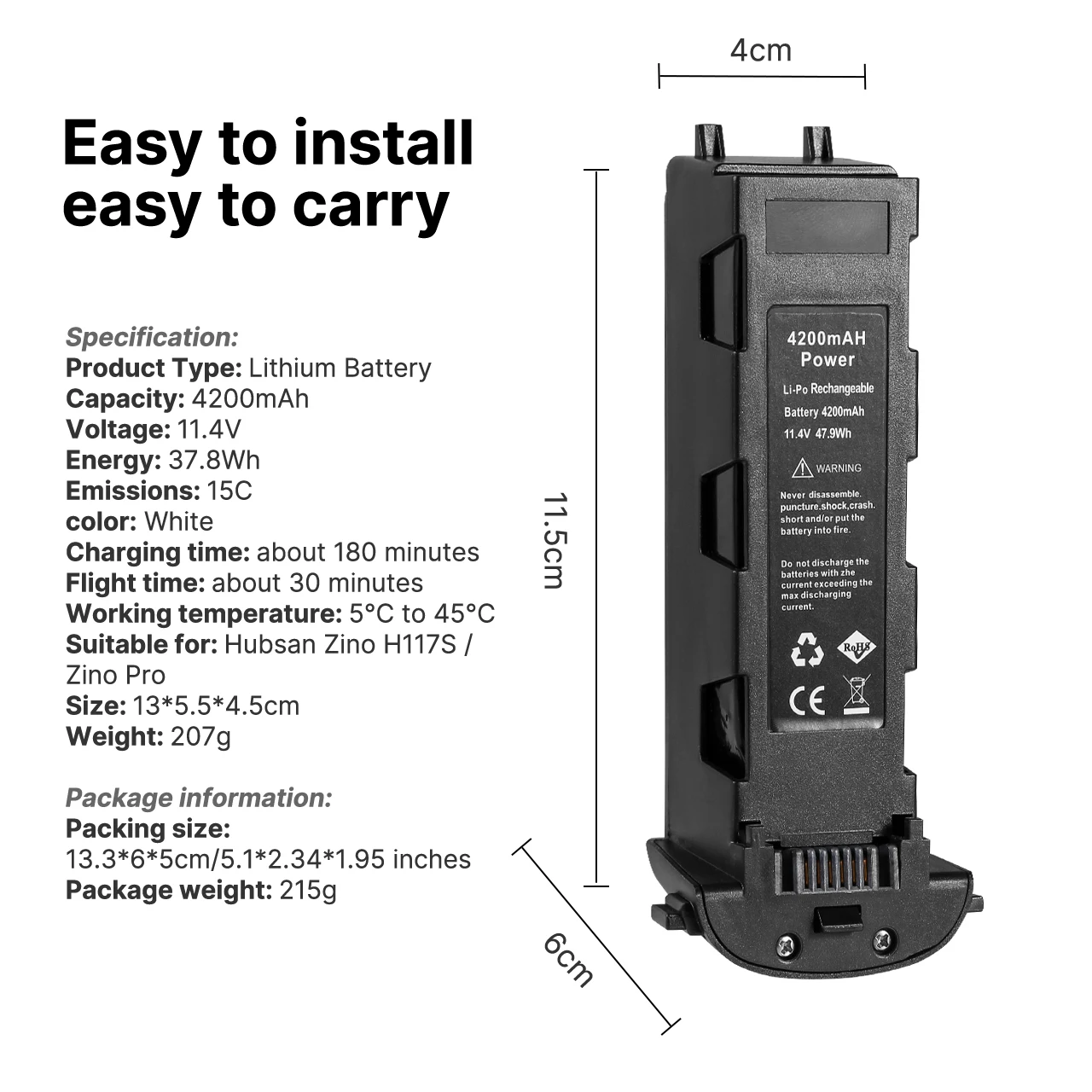 

11.4V 4200mAh Battery for Hubsan H117S Zino GPS RC Drone Quadcopter Spare Parts Intelligent Flight Battery for RC Camera Drone