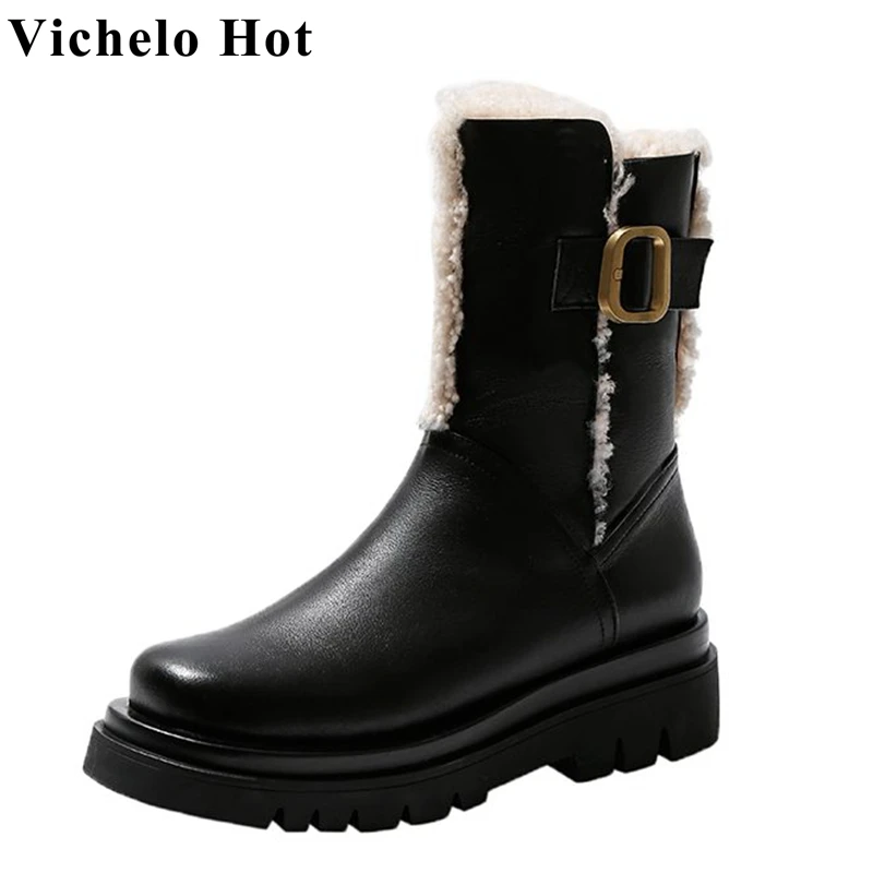 

Ботильоны Vichelo из натуральной кожи, зимние шерстяные Нескользящие ботинки в стиле панк, с круглым носком, на среднем каблуке, с ремешком и пр...