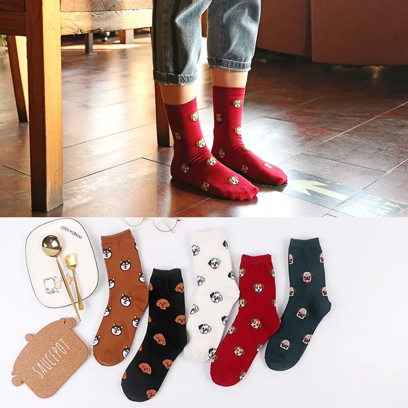

Keep Warm Cute Women Socks Breathable Autumn Winter Cartoon Dog 1Pair Japanese Style Mid Tube Socks Cotton for Women