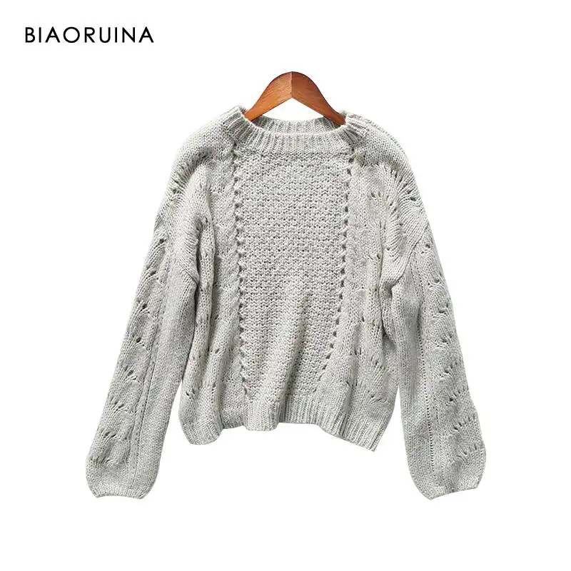 BIAORUINA, 4 цвета, женский корейский стиль, однотонный, с круглым вырезом, вязаный пуловер, женский, свободный, модный, короткий свитер, Новое поступление - Цвет: Серый