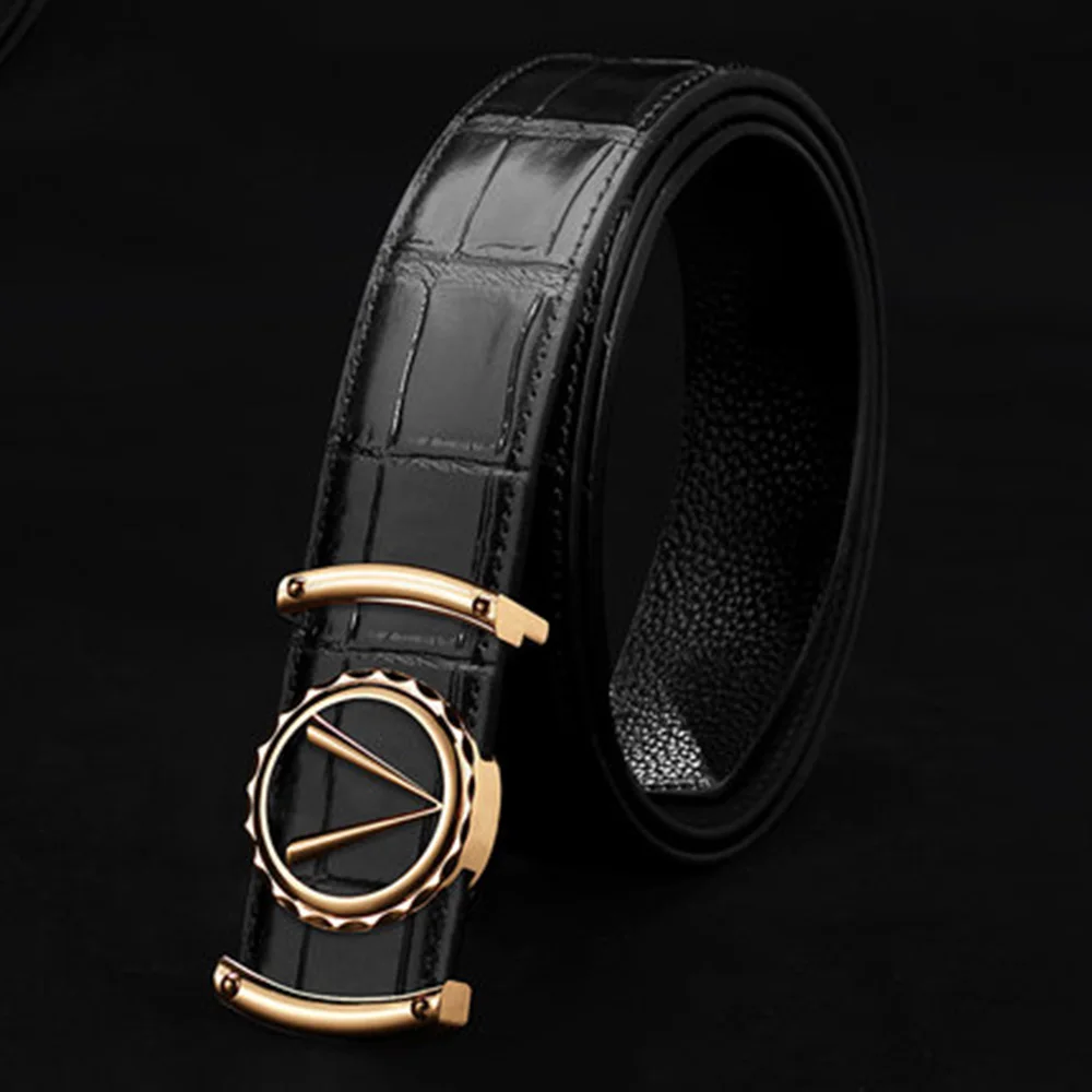 Black GoldBuckle FAJARINA, уникальный дизайн, буквы, гладкая пряжка, мужские ремни, высокое качество, крокодиловый узор, настоящая коровья кожа, кожаный ремень 3,3 см LUFJ819 - Цвет: Black GoldBuckle
