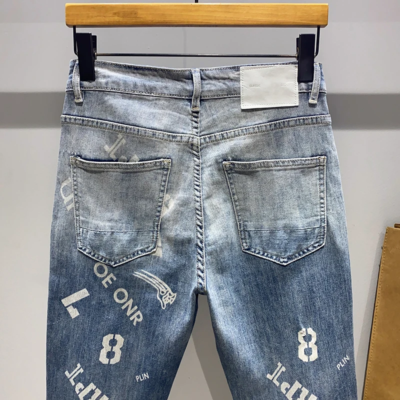 Мужские облегающие джинсы синие эластичные бриджи в стиле High Street модные