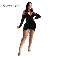 women sexy bodycon mini long sleeve off shoulder backless drawstring dress autumn winter v neck black casual party dresses