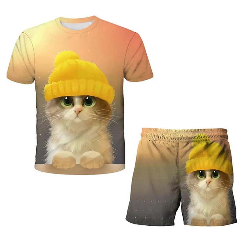 

Swimming Werat Cat Sets Children 4-14 Years Children Suit Boys 3D Animals Print Kids Sport Suits Tshirt Tops Pants 2 Piece Set