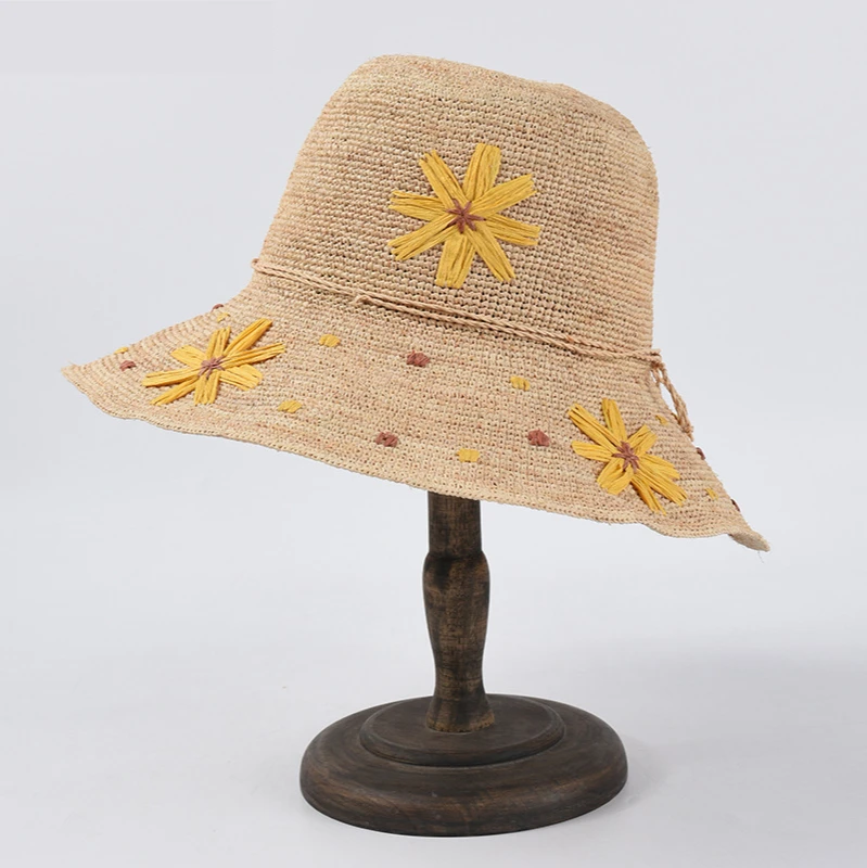 

Raffia Straw Hat Female Summer Embroidery Yellow Flowers Literary Travel Holiday Seaside Beach Sun Protection Big Edge Cap Gorro