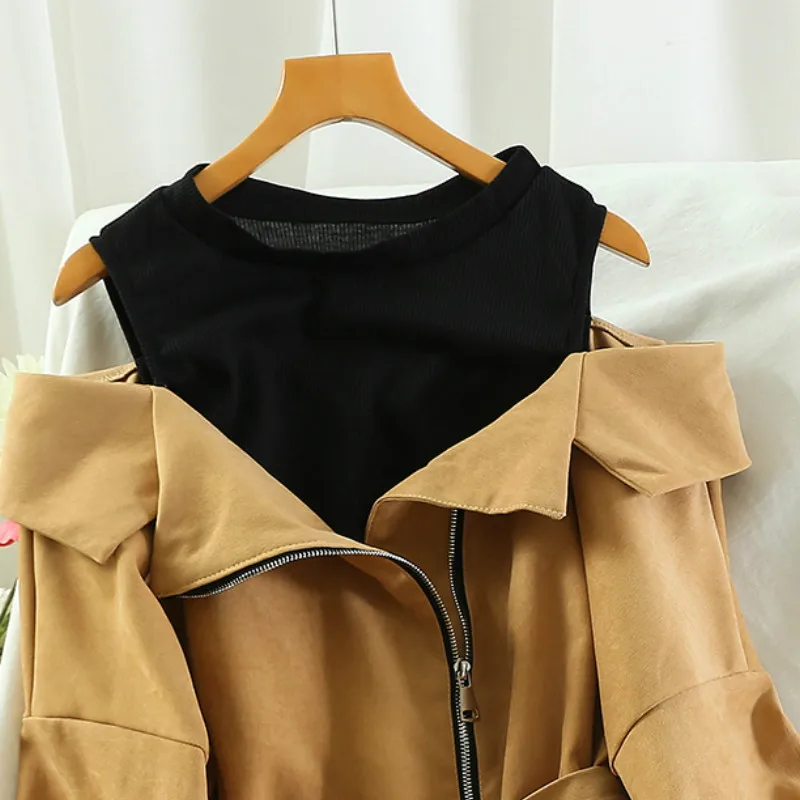 

Off Shoulder Irregular Dresses O-neck Zipper Robe Fashion Korean Dress Women Fall Clothes Fake Two Patchwork Vestidos