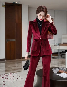 Осенне-зимние блейзеры с длинным рукавом брючные костюмы высококачественная ткань бархат Женская рабочая одежда с брюками и куртками пальто для интервью