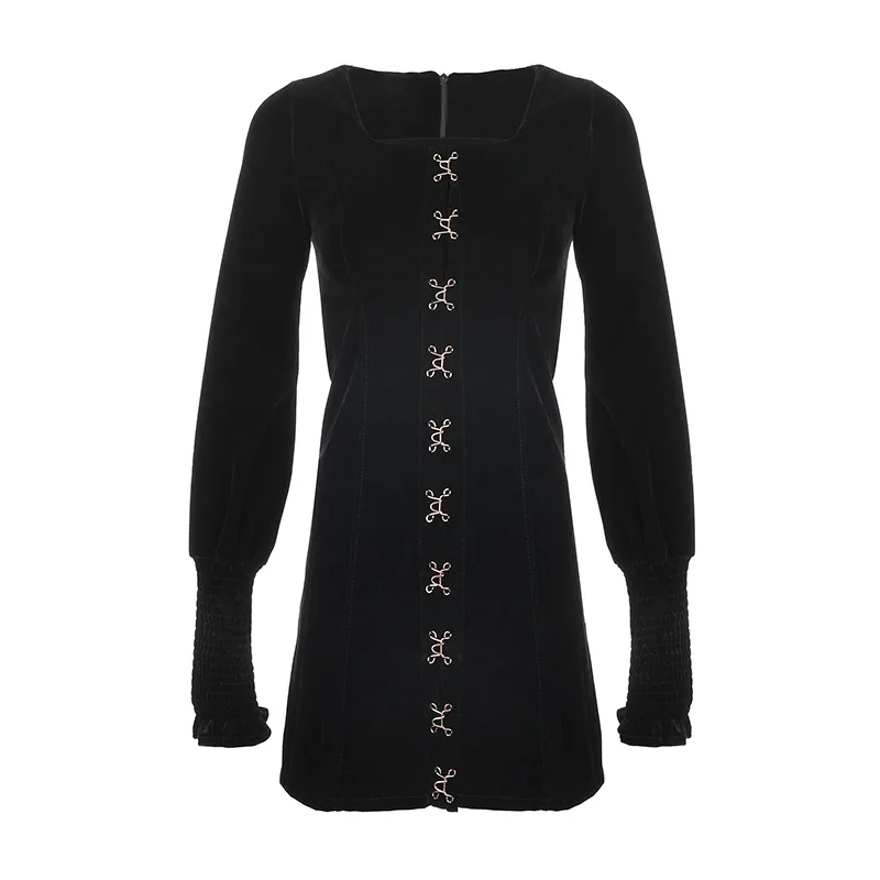 

Black Vintage Sexy Gothic Dresses Ruffle Longsleeve Buckle Spring Girl Women Velvet Dress Harajuku Aesthetic Chic Bar Club Dress