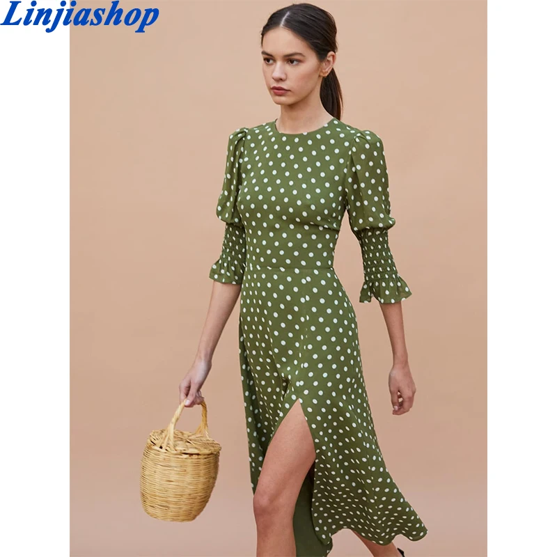 

Женское длинное платье в горошек Za, повседневное элегантное зеленое платье с круглым вырезом и коротким рукавом, с Боковым Разрезом, лето 2021