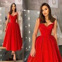 red prom dresses short straps zipper back tea length a line simple satin formal evening dress party gowns vestido de fiesta