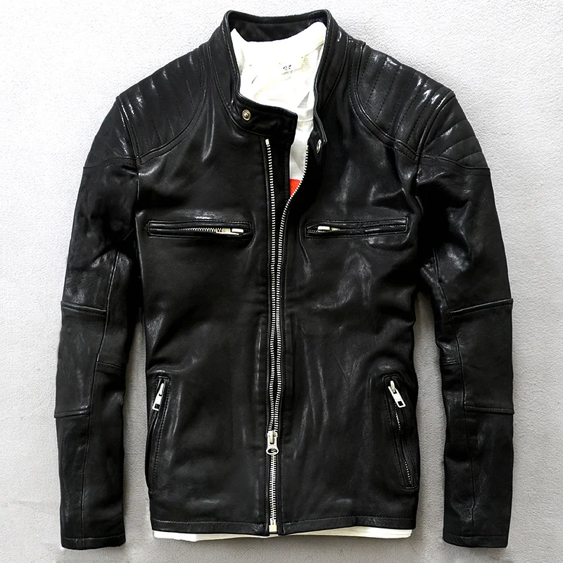 

Мужская приталенная куртка из натуральной кожи, мотоциклетная куртка из овечьей шкуры, Молодежная куртка для осени и зимы, 2022