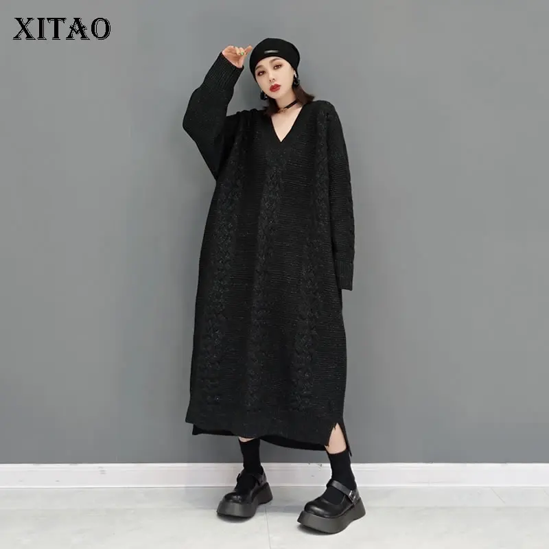

XITAO черное винтажное трикотажное платье, модное свободное платье большого размера для женщин 2021, зимнее Новое теплое базовое платье-свитер ...