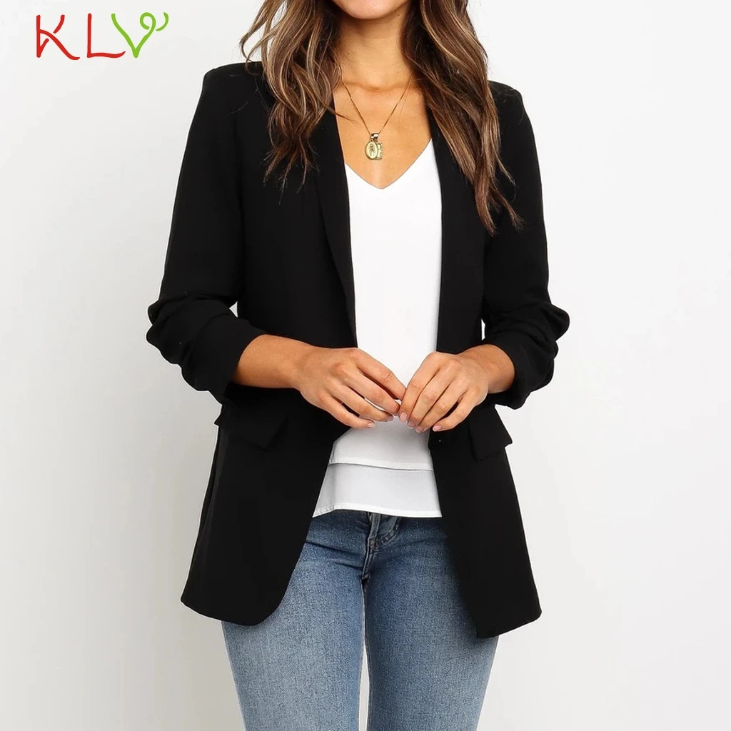 Женская куртка черная приталенная офисная с отворотом Повседневная однотонная