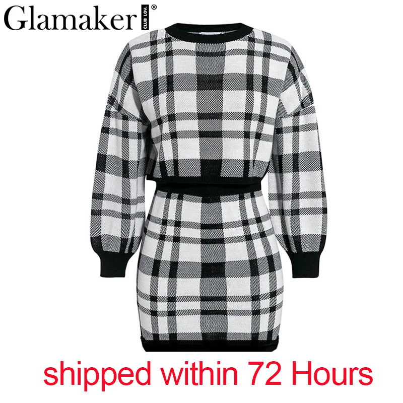 Glamaker, клетчатый вязаный костюм из двух частей, сексуальное осеннее платье, женское Элегантное зимнее платье-свитер, сексуальные женские модные вечерние короткие платья - Цвет: Черный