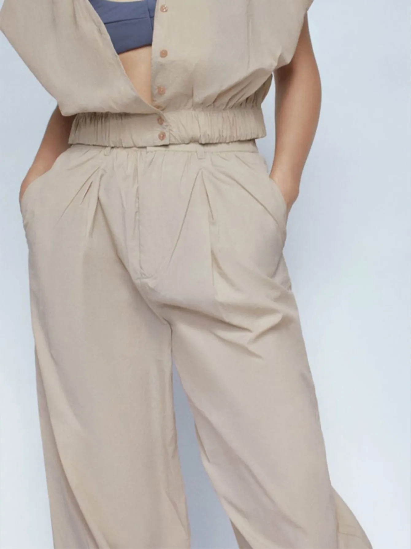 Женские повседневные штаны с высокой талией бежевые удобные свободные